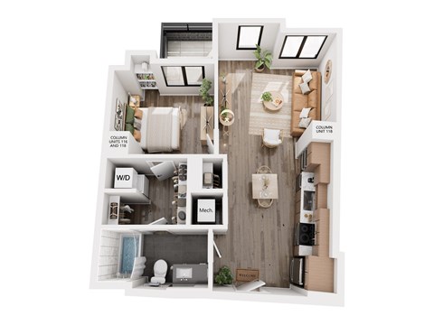 Floor plan for 1 bed, 1 bath, 649 sqft